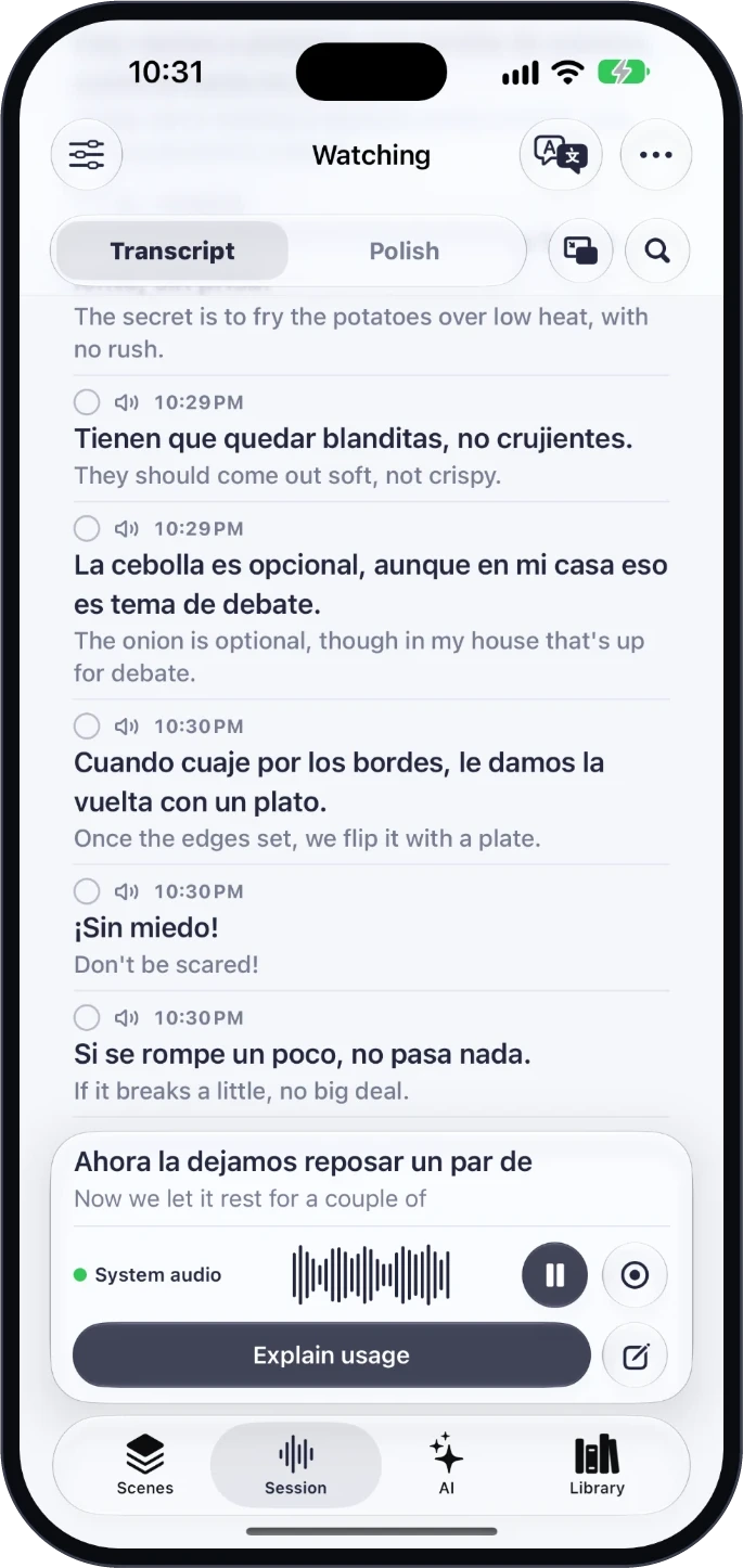 Vocena on iPhone: live Spanish captions with English translation from system audio, and an Explain usage button.