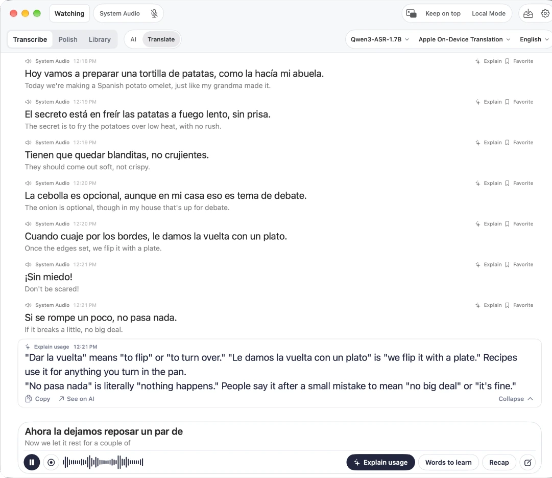 Vocena on Mac: Spanish system audio captioned live with English translation, and an Explain usage answer for the phrases just heard.